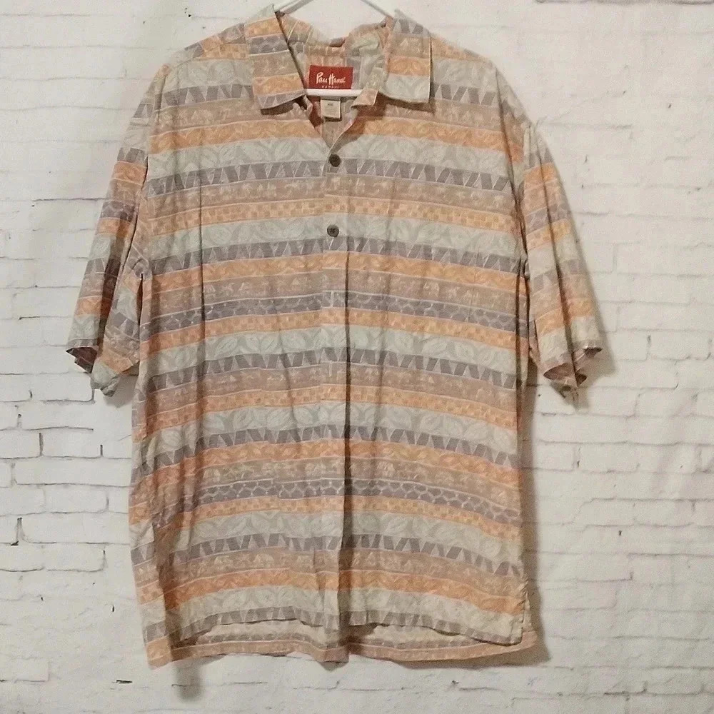 Paul Hana Hawai'i  Sz XXL Men's Button Up Shirt Striped Hawaiian Cotton Pocket